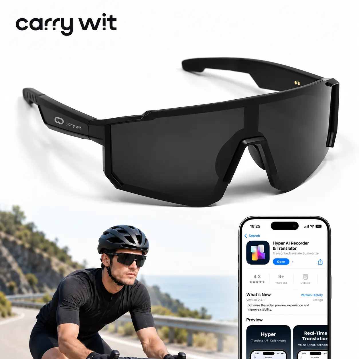 CARRY WIT Multifunctional Wearable Wireless Smart Glasses - Bluetooth Audio Open-Ear Casual Sunglasses, Lightweight UV400 PC Cycling Glasses for Men & Women (for Music & Calls)