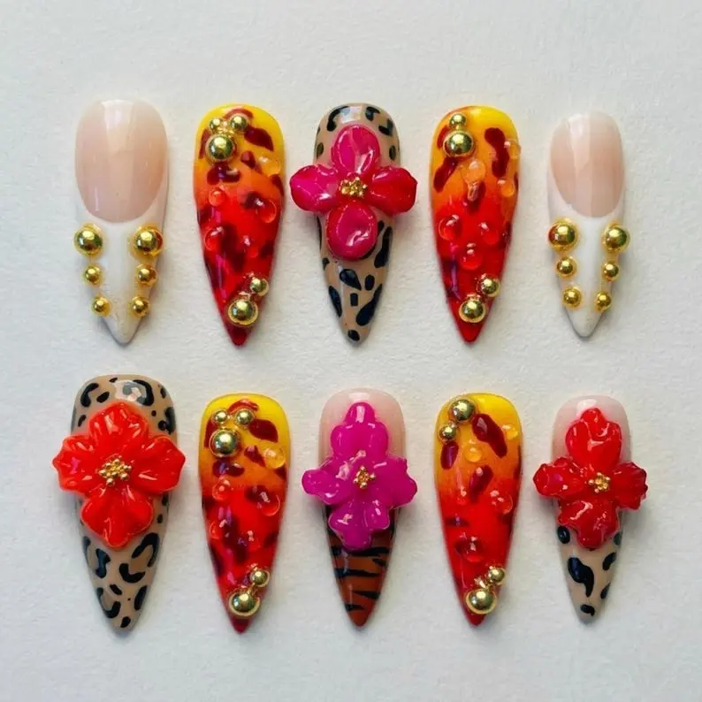 Tropical Leopard Press On Nails Glam Hibiscus Animal Print Jelly Aura And Gold Bead Nail