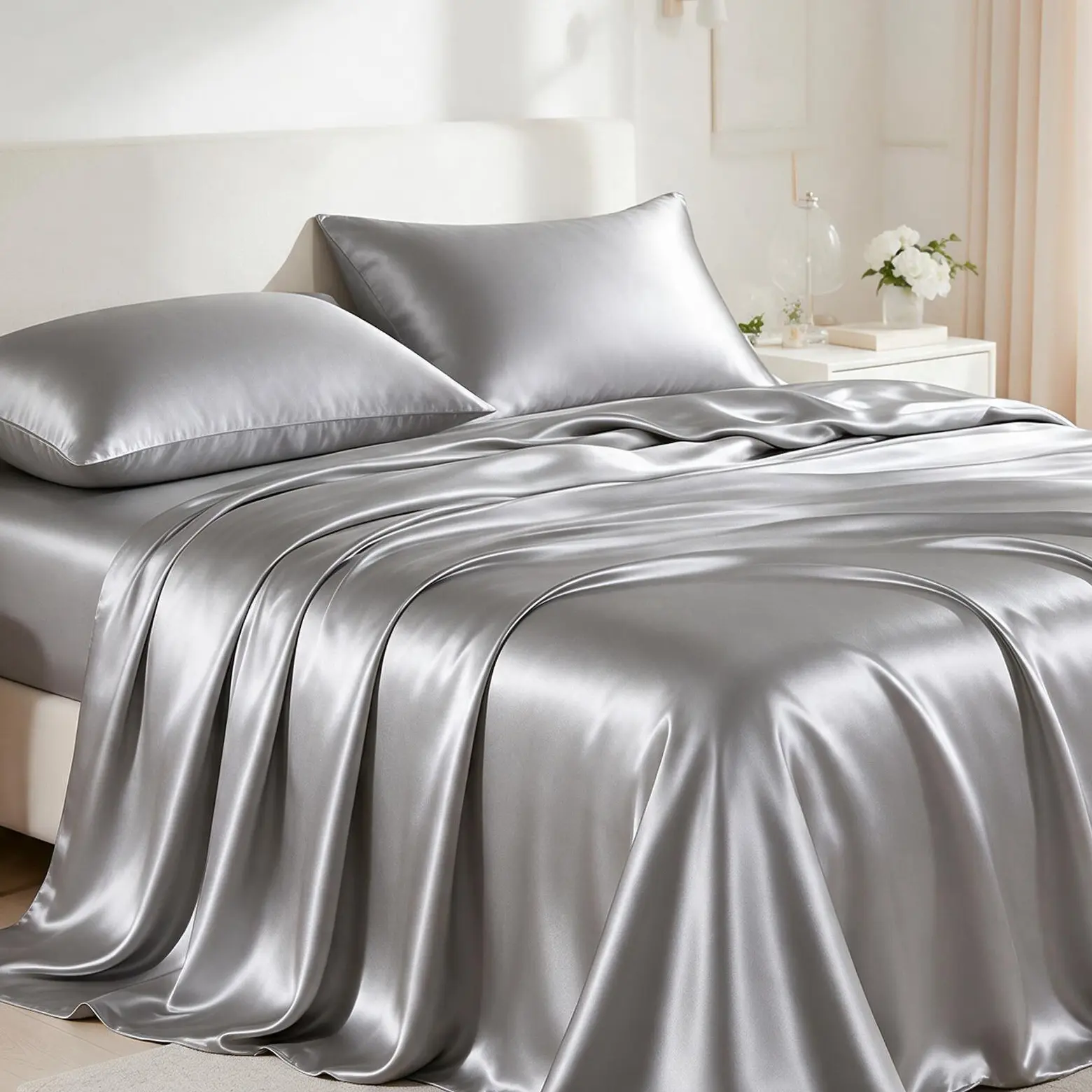 Multi-Size 4-Piece Solid Color Satin Bedding Set - 1 Flat Sheet, 1 Fitted Sheet, 2 Pillowcases, Luxurious with Natural Sheen and Silky Glide on Skin