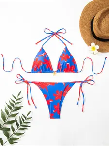 Women's Floral Print Bikini Set, Casual Fashion Chic Swimsuit Set Tie Back Bikini for Beach Holiday Vacation, Ladies Swimwear for All Seasons, Floral Print Swimsuits, Floral Tropical Bikini