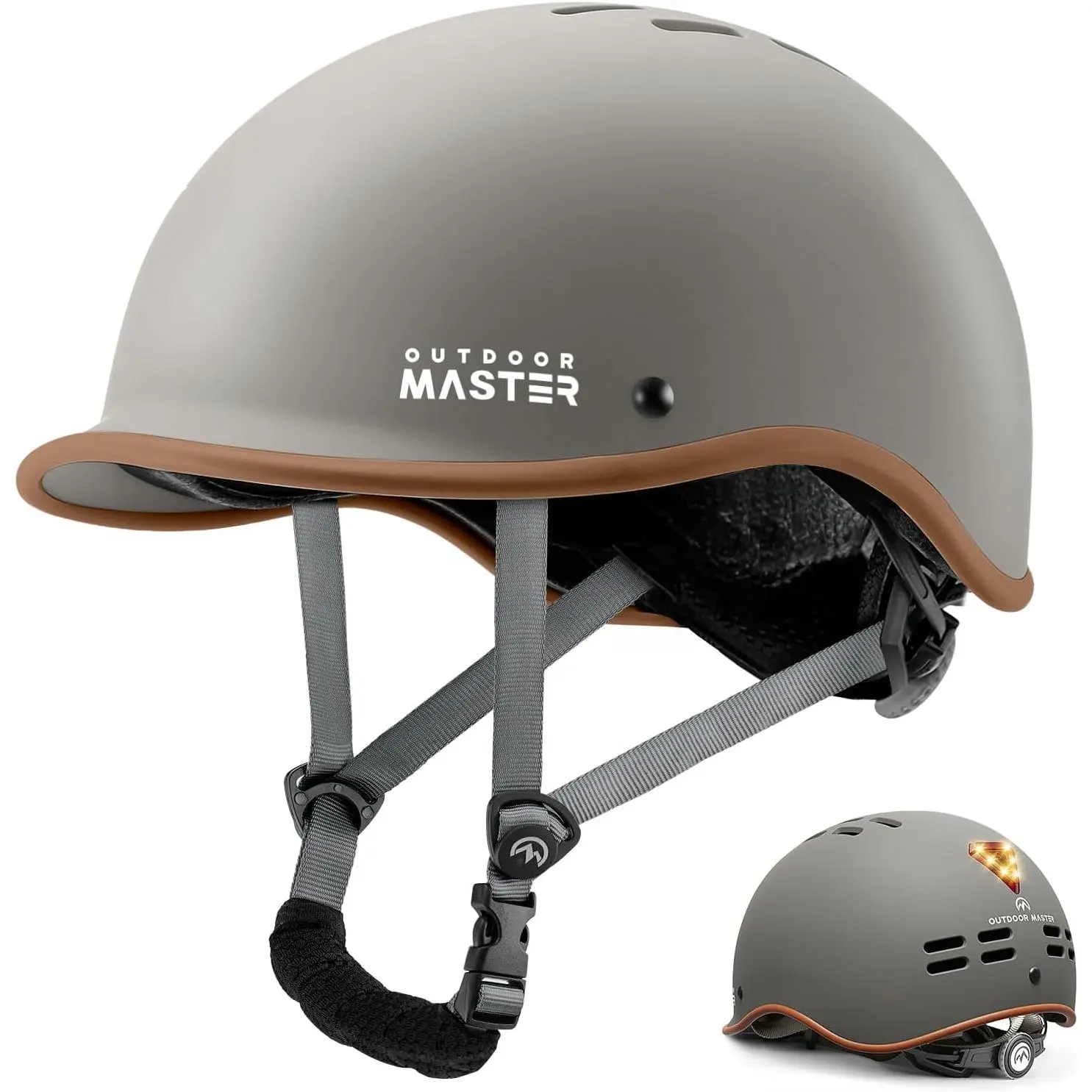OutdoorMaster Adult Bicycle Helmet - Adjustable with Round Adjuster, Safety Certified, Integrated Visor, Rear Light, Chin Strap, ABS Shell, Impact-Proof, Retro Urban, Multi-Channel Venting - For Commuting Road Bike Riders, Longboard Users