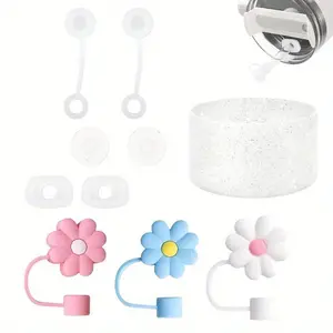 Cup Accessories Set Including 6 Pcs Silicone Spill Proof Stopper, 3 Pcs 10mm Flower Straw Cover Cap, 1 Pcs Bling Silicone Boot Sleeve for Cup 40oz & 30oz Tumbler