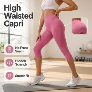 Women 17" High Waisted Capri Leggings, No Front Seam Hidden Scrunch Workout Pants, Stretch Yoga & Gym Capris