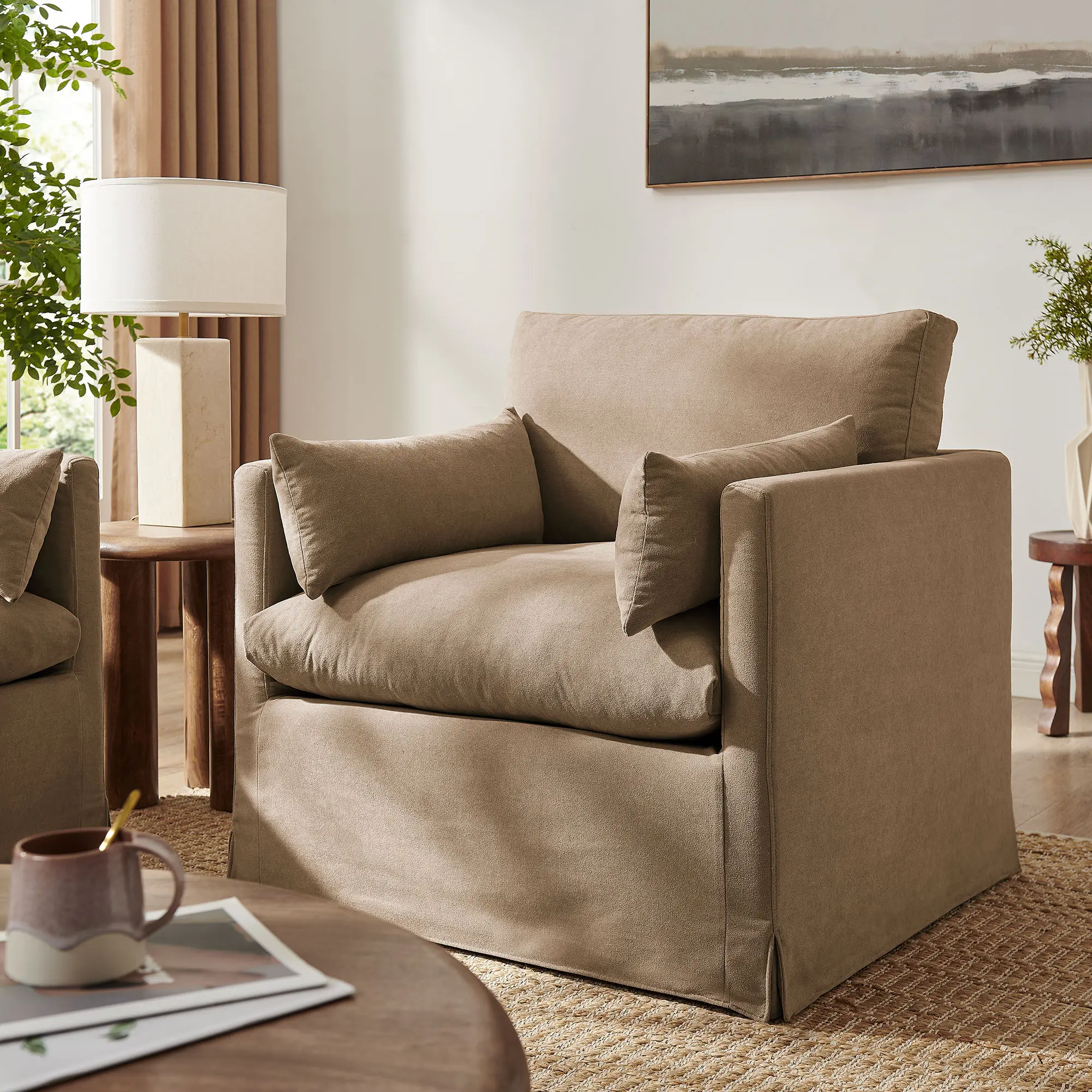 Wellfleet Slipcovered Linen-Blend Armchair in Almond