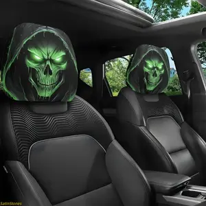 2-Pack Skull Print Car Headrest Covers - Elastic Fit, Washable, Comfortable Car Accessories for Long Driving, Vehicle Decor & Halloween Gifting, Vehicle Accessories