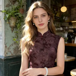 New Chinese Style Magenta 3D Jacquard Stretch Sleeveless Qipao Dress, Retro Bamboo Leaf Pattern Slim Fit Mandarin Collar Split Maxi Dress