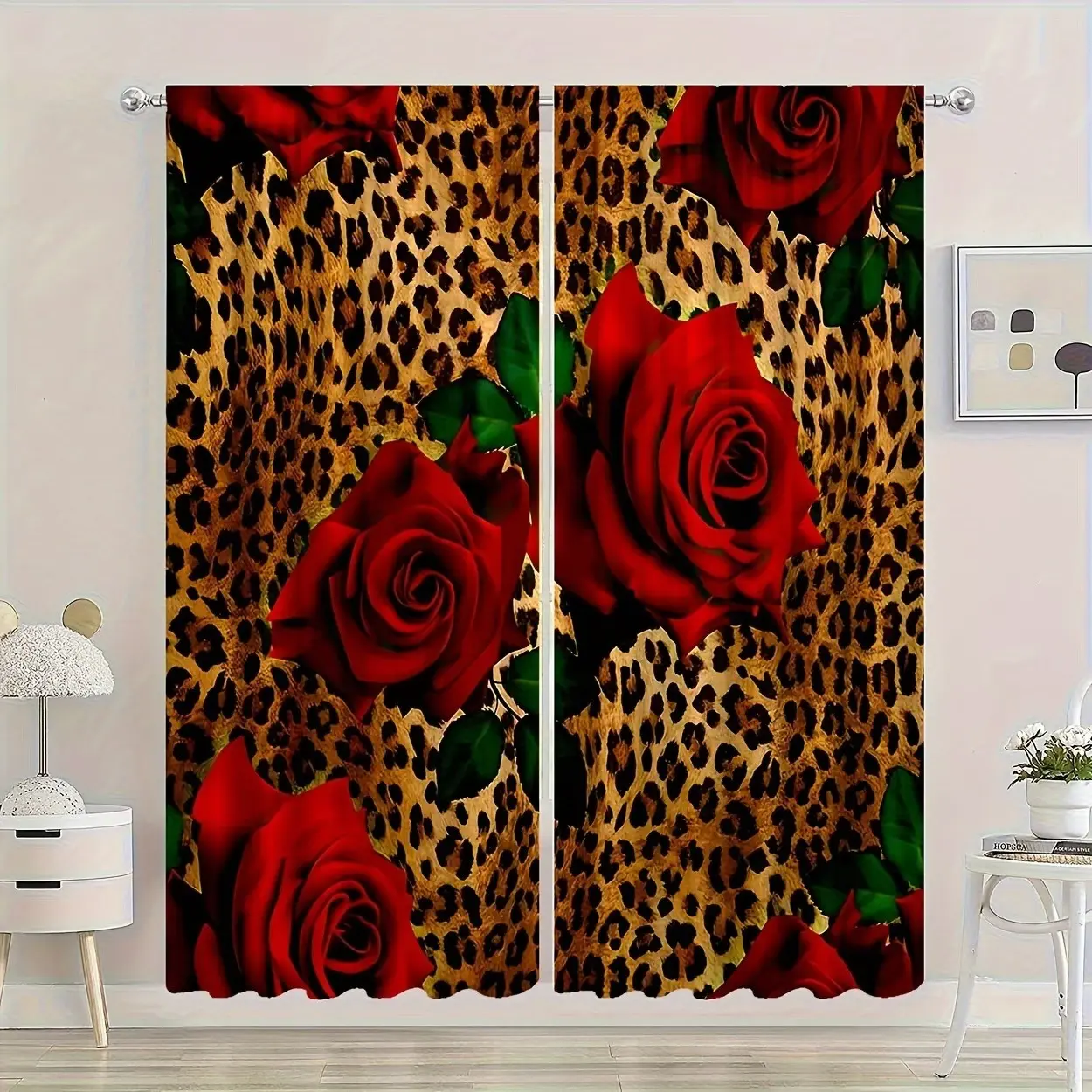 Classic Rod Pocket Filtered Curtains, Window Curtains, Home Decoration Curtain, Home Decorative Curtain, Leopard Rose Print Elegant Bedroom Decor, Sheer Printed Curtains, Polyester Material, Semi-Transparent Privacy Protection