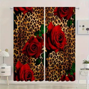 Classic Rod Pocket Filtered Curtains, Home Decoration Curtain, Leopard Rose Print Elegant Bedroom Decor, Polyester Material, Semi-Transparent Privacy Protection