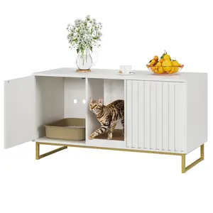 Vabches 47.6" Cat Litter Box Enclosure for 2 Cats, Litter Box Furniture Hidden with Cat Scratch Pad, Double Room Large Cat Cabinet, Indoor Cat House TV Stand Side Table,Cat Washroom