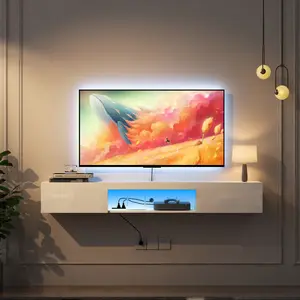 63" Modern White Floating Wood TV Stand - Shelf, Console Cabinet with 16-Color LED Lighting, Large Storage Particleboard Entertainment Center for 55, 60, 65-Inch TVs, Tv Shelf