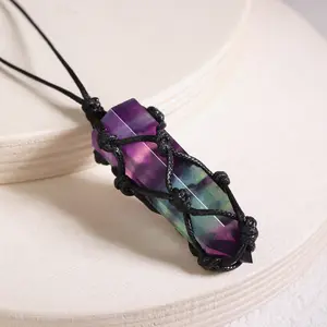 Genuine Rainbow Fluorite Crystal Hexagonal Point Pendant Healing Reiki Necklace