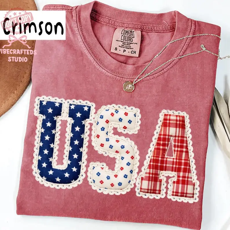 Vintage "Faux Patchwork" Lace USA Varsity Shirt, 4th of July Comfort Colors Shirt, Patriotic Quilted USA Graphic Tee, Independence Day Shirt