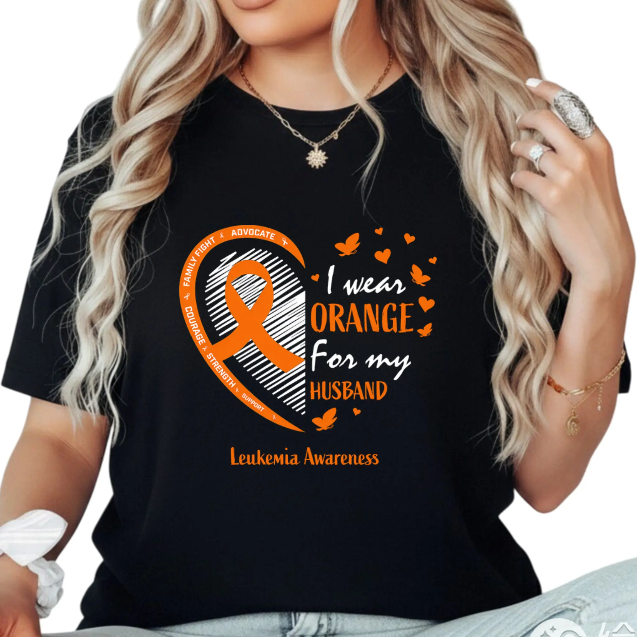 100% Cotton Wife Women I Wear Orange For My Husband Leukemia Awareness T-Shirt