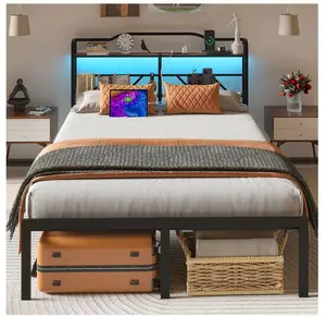 Full Size Bed Frame with LED Storage Headboard & Charging Station, Metal Platform Bed, Black