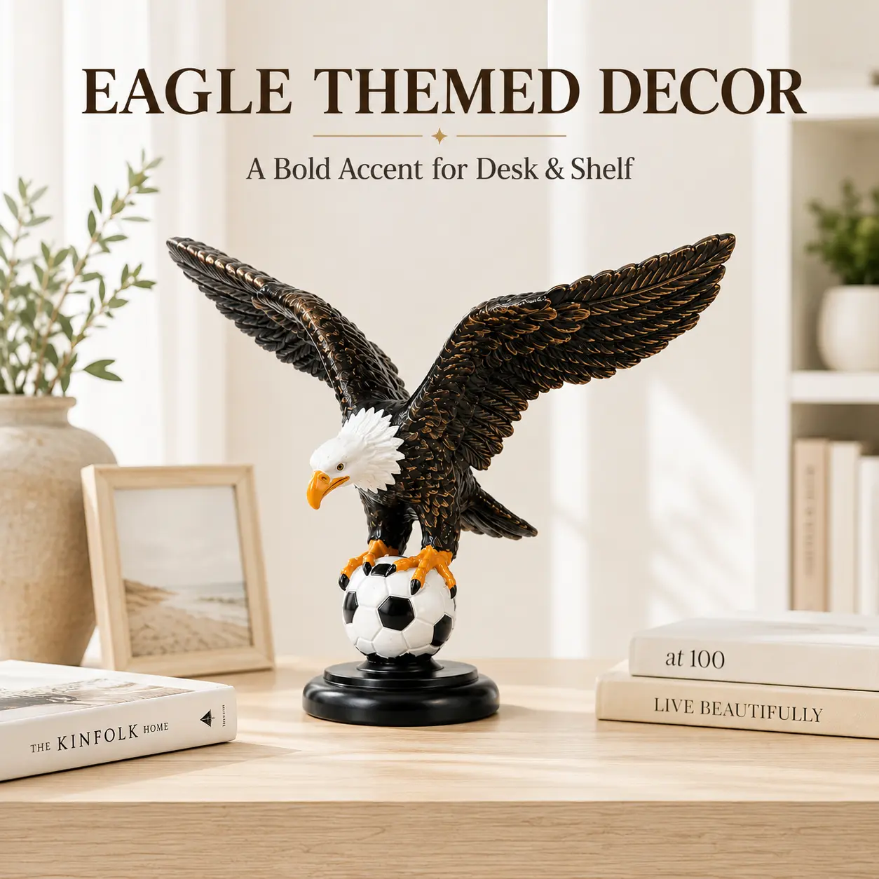 Bald Eagle Resin Sculpture - Eagle-Themed Resin Figure on Soccer Ball, Modern Desk Shelf Decor for Home Office, Unique Sports Figurine Gift for Men, Resin Figures
