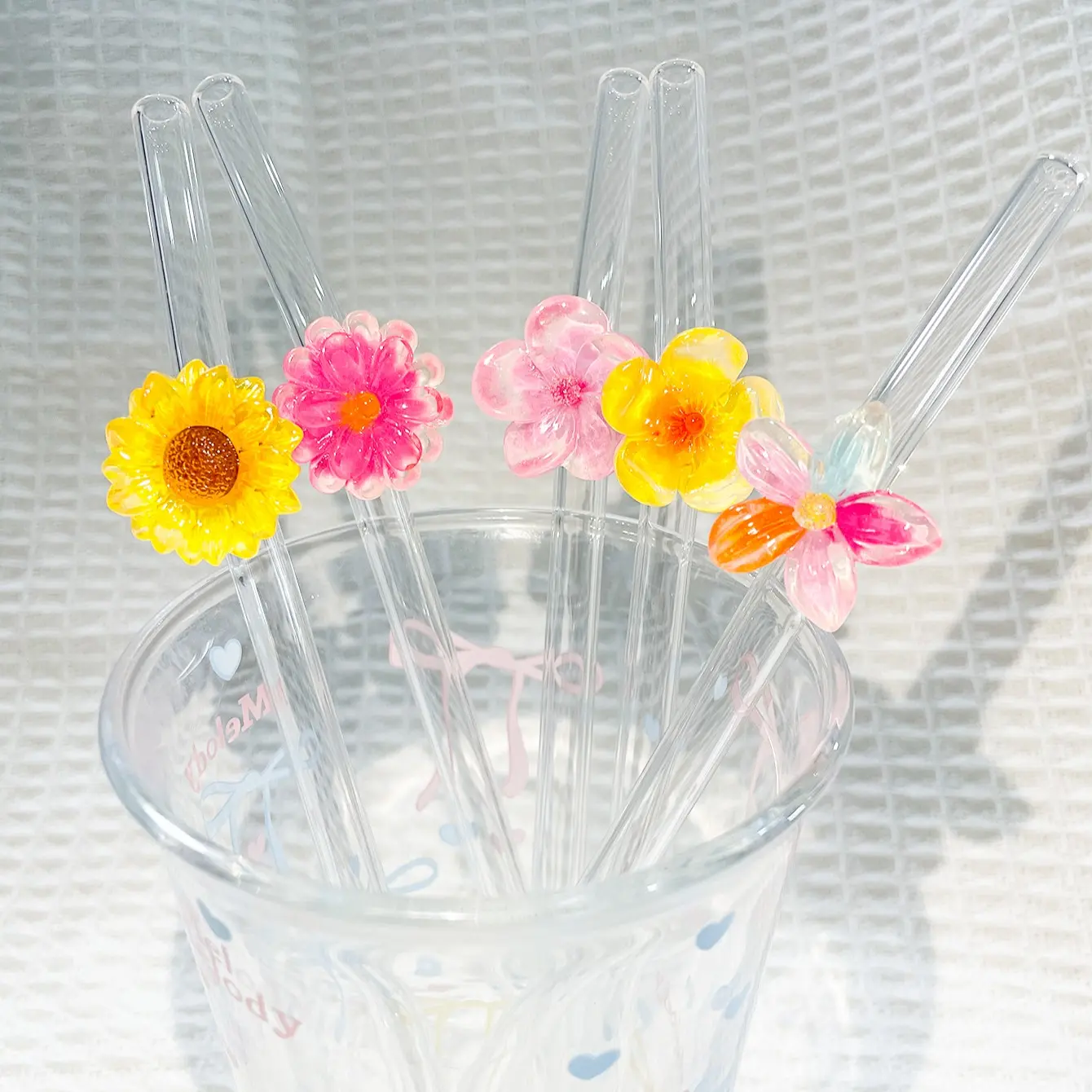 5-Pack 20cm Floral Glass Straws, Cute Straws, Clear Straws, Glass Straw Drinkware, Heat-Resistant Reusable, Ideal for Smoothies, Iced Coffee, Tea, Party Gifts, Summer Drinks