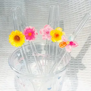 5-Pack 20cm Floral Glass Straws, Glass Straw Drinkware, Heat-Resistant Reusable, Ideal for Smoothies, Iced Coffee, Tea, Party Gifts, Summer Drinks