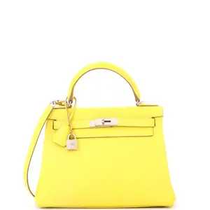 Pre-owned HERMÈS Leather Top Handle Bags Hermes Kelly Handbag Lime Evercolor with Palladium Hardware 28 by Rebag