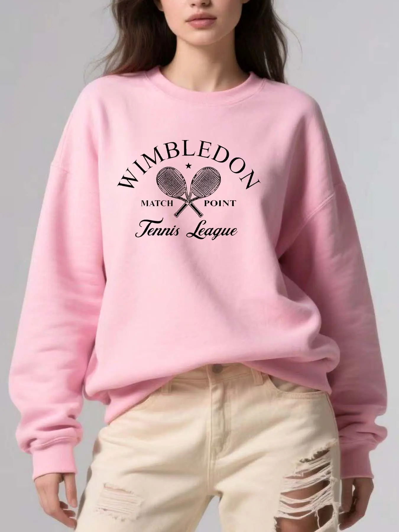 Ladies' Tennis League Letter Geometric Print Fleece Round Neck Sweater, Fall & Winter Casual Loose Fit Pullover