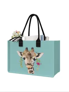 Giraffe Pattern Large Capacity Storage Bag, Lightweight Shopping Bag, Tote Bag, Durable Handles, Space-Saving Multi-Purpose Organizer for School Travel Shopping, Reusable Bag