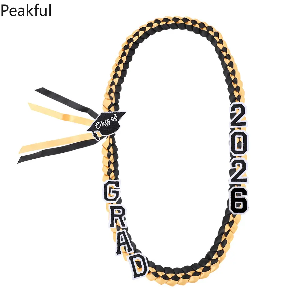 2026 Graduation Braided Lei Necklace, Black Gold Satin Ribbon Lei with "GRAD" Decorations, Class of 2026 Graduation Accessory, ideal for graduation day photos, ceremony wear and graduation party favors