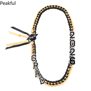 2026 Graduation Braided Lei Necklace, Black Gold Satin Ribbon Lei with "GRAD" Decorations, Class of 2026 Graduation Accessory, ideal for graduation day photos, ceremony wear and graduation party favors