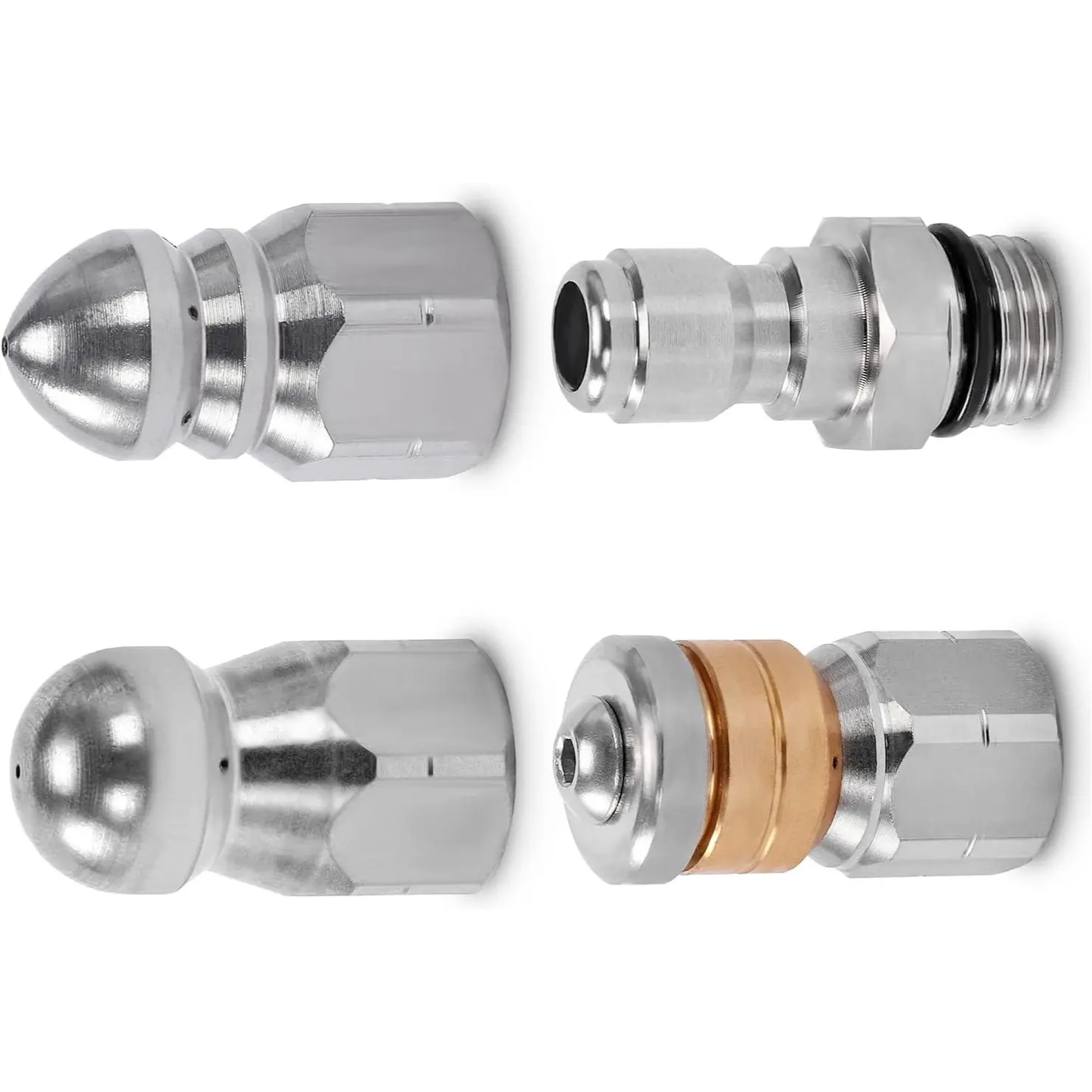 RIDGE WASHER Industrial Pressure Washer Jet Nozzle Kit - 3 Stainless Steel Drain Cleaning Tips, 1/4 inch Male NPT Thread Quick Connect Fitting, Rotating Button Nose, Durable, for Pipe/Tube Orifice Maintenance, Indoor & Outdoor Use