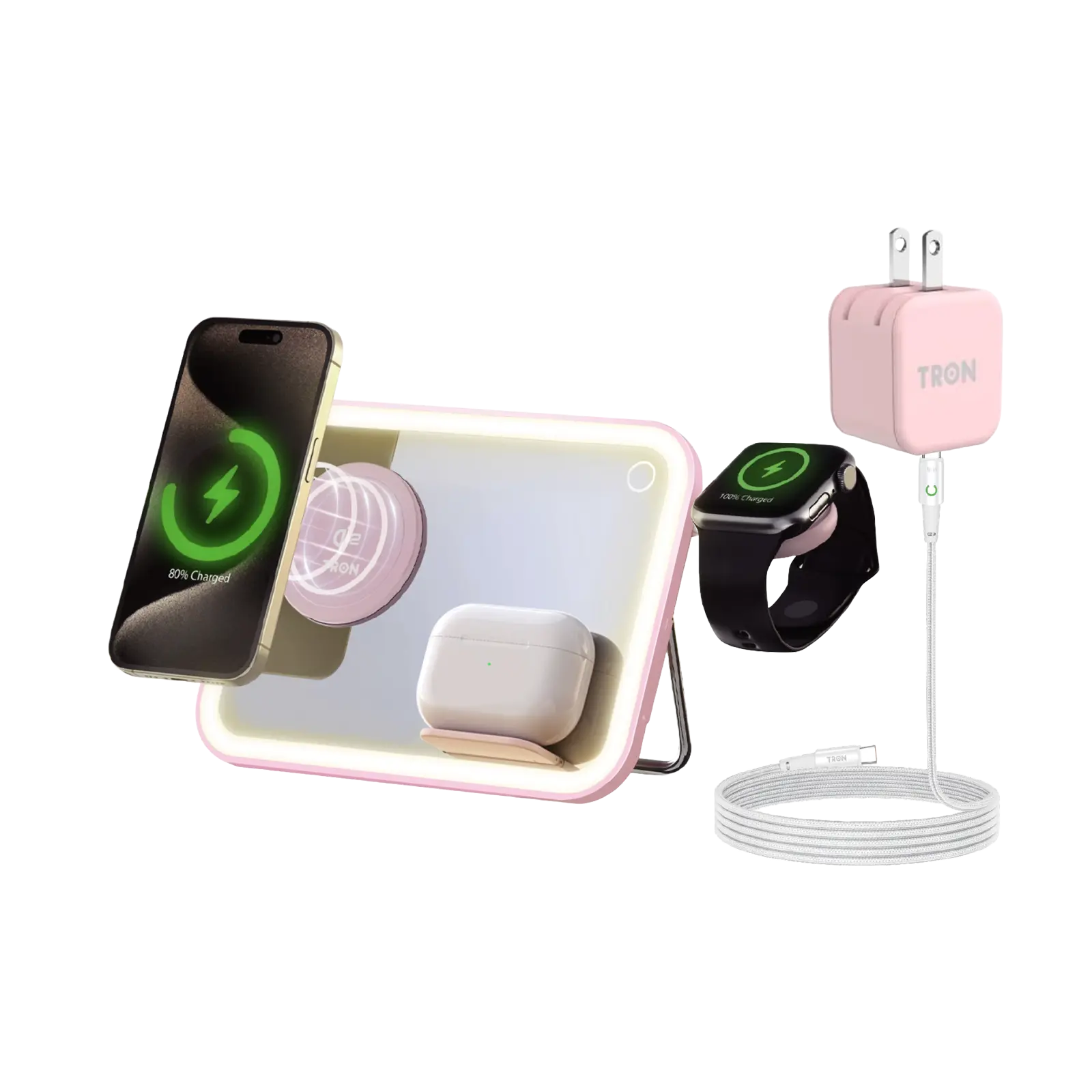 3-in-1 Wireless Charger with Mirror | Phone, Earbuds & Smartwatch | Pink