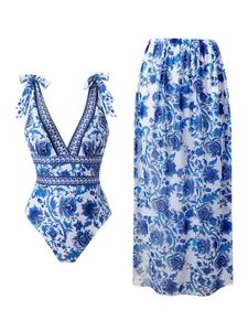 Women's One-Piece Swimsuit Beach Dress Set, V Neck Swimdress, Slim-Fitting Floral Pattern, Conservative Fashion, All-Seasons Wear, Casual Style, Floral Print Swimsuits