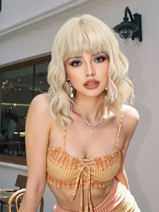 12 Inch Short Curly Wigs for Women, Gorgeous Fluffy Wigs with Bangs, Synthetic Full Machine Wigs for Party, Daily Use, Beginner Friendly Wig