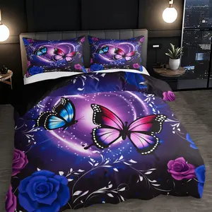 3pc butterfly and rose print bedding set, Decorative bedding set, including a duvet cover and two pillowcases, suitable for single and double beds, multiple sizes and colors available, perfect for bedrooms, dormitories, hotels, apartments