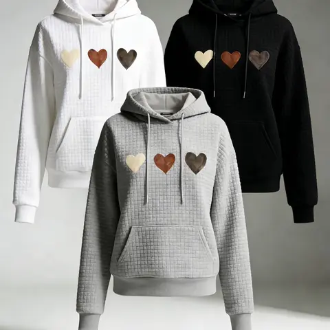 Women's clothing Heart & Patchwork Print Pullover, Casual Wear with Drawstring Hood & Relaxed Fit, Machine Washable, Waffle Fabric Women's Fashion Hoodie,Sweatshirt for Women,Summer Outfits for Women