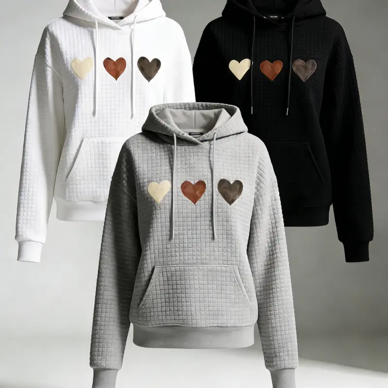 Women's clothing Heart & Patchwork Print Pullover, Casual Wear with Drawstring Hood & Relaxed Fit, Machine Washable, Waffle Fabric Women's Fashion Hoodie,Sweatshirt for Women,Summer Outfits for Women