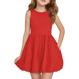 Haloumoning Girls Summer Sleeveless Bubble Dress Kids Cute Crew Neck Tank Mini Dresses with Pockets 5-14 Years