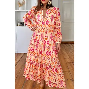 Orange Western Abstract Geometric Printed Maxi Dress