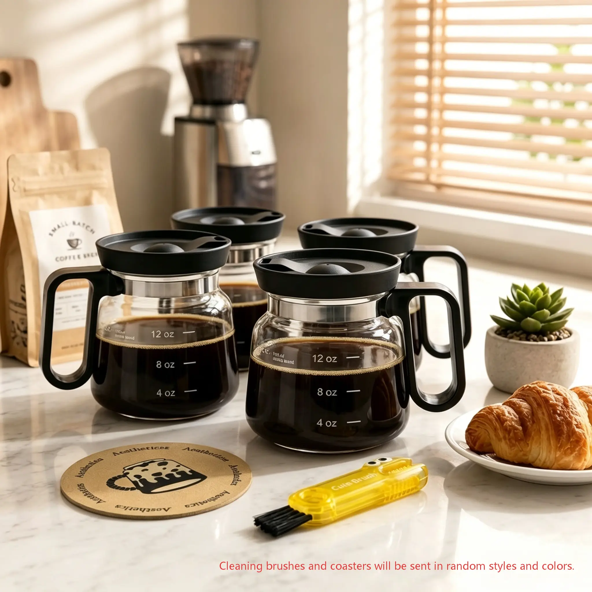 Set of 2 or 4 16 oz glass coffee mugs, coffee pot design; 4 inches tall, compact self-drinking lid design; a fun gift for coffee lovers, also suitable as home decor self-drinking cups. Includes cleaning brush and coaster as a free gift. fathersday gift
