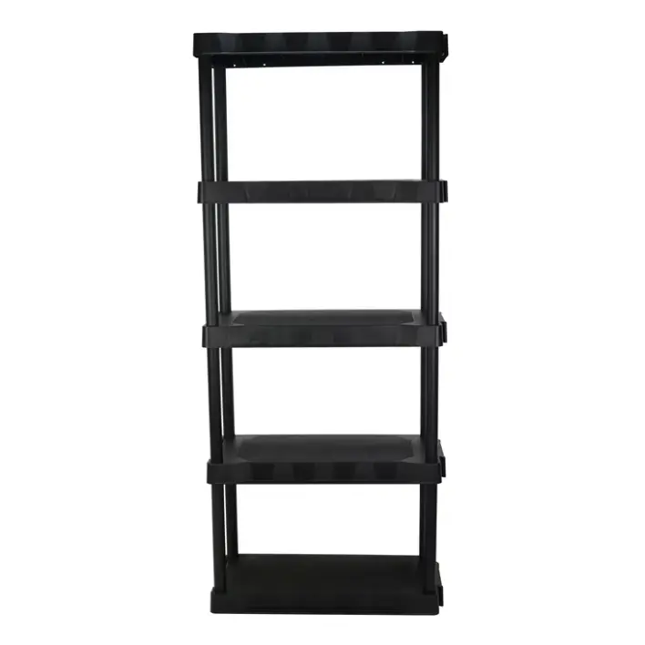 Hyper Tough 5-tier black plastic shelving, 68.8" high x 30" wide x 13.88" deep, 350 lb load capacity, durable storage solution, warehouse shelving, home shelving, simple shelving.