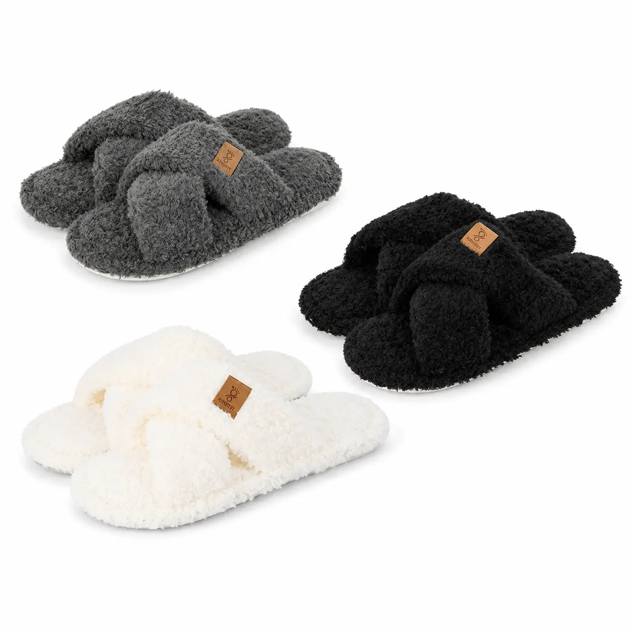 Women's Fuzzy Slippers Cross Band Memory Foam Open Toe Comfy Soft House Shoes Anti-Slip Indoor Outdoor Gifts for Women
