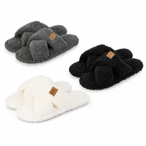 Women's Fuzzy Slippers Cross Band Memory Foam Open Toe Comfy Soft House Shoes Anti-Slip Indoor Outdoor Gifts for Women