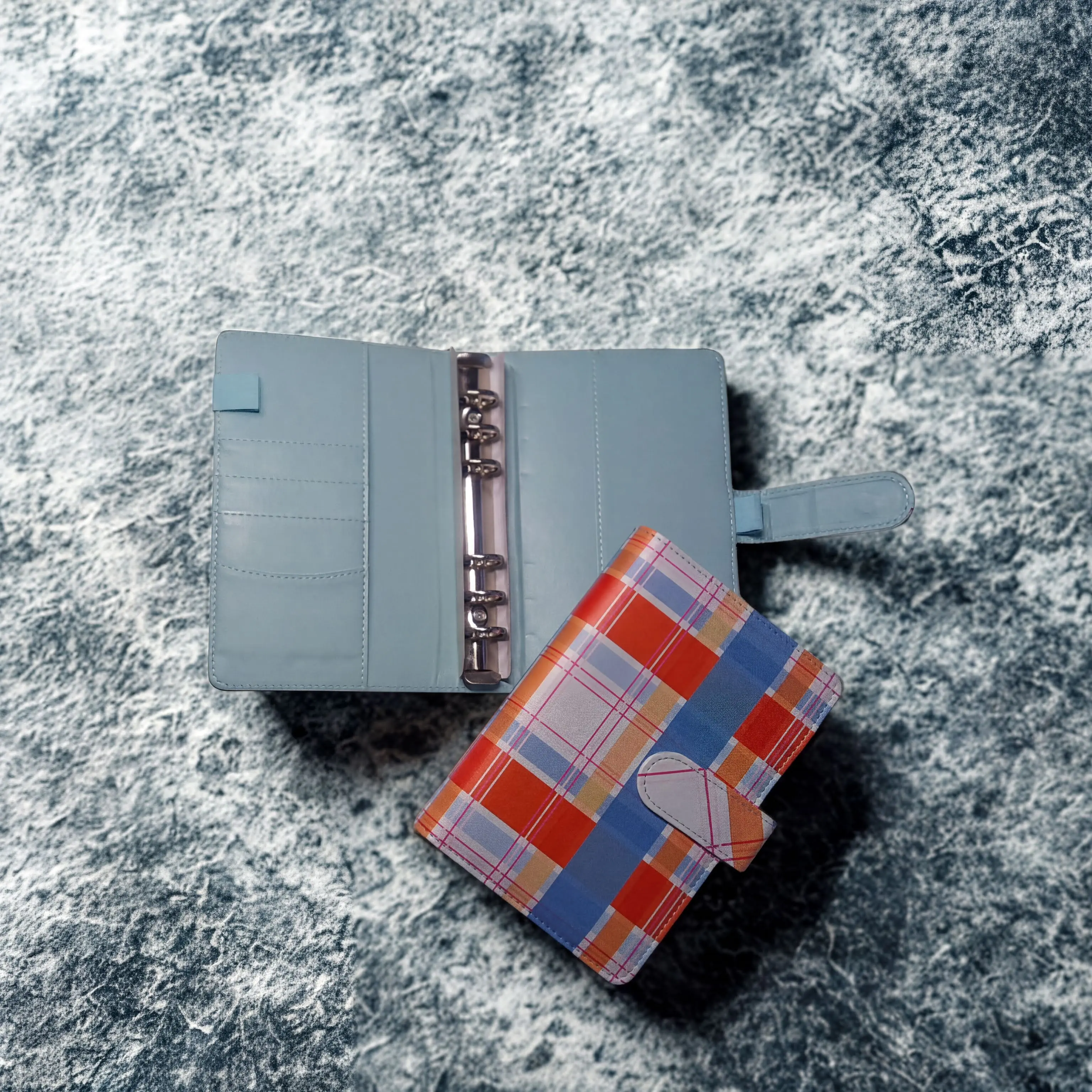 Leather Planner Binder: Blue-Orange Plaid Design (Compact A6)