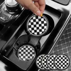 4pcs Car Cup Holder Coasters With Rhinestones, Universal PVC Anti-slip Pad Plaid Coaster, Auto Interior Accessories Decorations