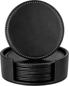Leather Coasters Set of 6, Handmade Round Coaster for Drinks, Waterproof Non-Slip Heat Resistant Cup Mats for Coffee Table, Bar, Kitchen & Office, Protect Furniture from Watermark (Black)