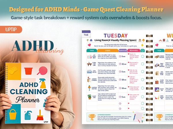 UPTIP 2026 ADHD Cleaning Planner & Declutter Workbook for Adults - ADHD-Friendly Planner with Checklists, Built-In Rewards, Time Blocking, Habit Tracker, Home Routine Tools, Stylish Design, Daily Creative DIY Gifts for Women to Manage Time Effectively, Gi