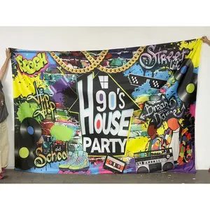 2D flat banner, 1pc90s House Party Graffiti Wall Art, Vibrant Neon Colorful Retro Collage Decor with Vinyl Records, Rollerblades, and Boombox for Nostalgic Home or Party Decorations, Party Backdrop Decoration, Party Decor Supplies