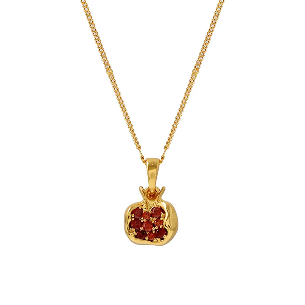 Cubic Zirconia Inlay Red Pomegranate Pendant 18k Gold Plated Stainless Steel Necklaces for Women Gold Jewelry Premium Design