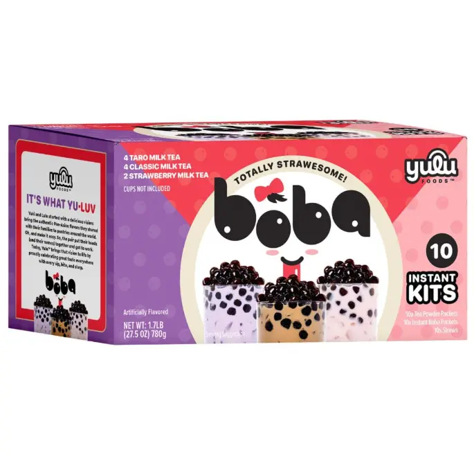 Boba Bundle Kit 10 Serv. Instant Bubble Pearl Variety Milk Tea Kit with Authentic Brown Sugar Tapioca Pearls by Yulu Foods - Ready in Under 1 Minute, Includes Paper Straws - Gift Box, Holiday (Classic, Taro and Strawberry)
