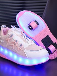 cute usb rechargeable luminous pink athletic sneakers, 2025 new style fashionable light up walking shoes for boys & girls, casual athletic sneaker footwear with wheel design for daily wear