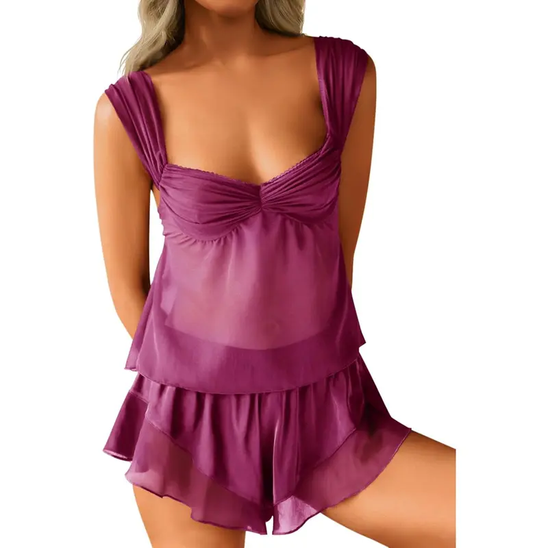 Kolagri Women's Sexy 2-Piece Lingerie Pajama Set - Sleeveless Mesh Cami Top, Sheer Ruffled Detail Shorts, Breathable Polyamide Blend Loungwear for Valentine's Day, 2 Piece Sets