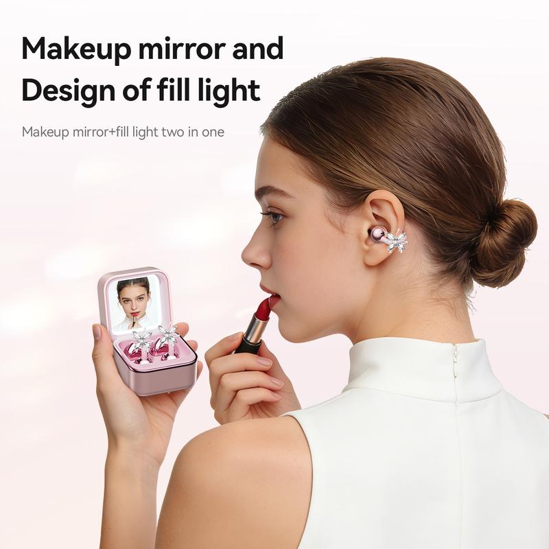 CHENRUIDA Open Ear Bluetooth Earbuds with Bow Ear Jewelry, Makeup Mirror Jewelry Case, Wireless Ear Clip Headphones, Perfect for Workouts, Office, Travel and Fashion Lifestyle