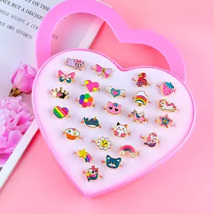 24pcs/set Cute Colorful Cartoon Design Ring, Heart Shaped Gift Box with Ring Set, Stackable Rings,  Party Gift for Girls